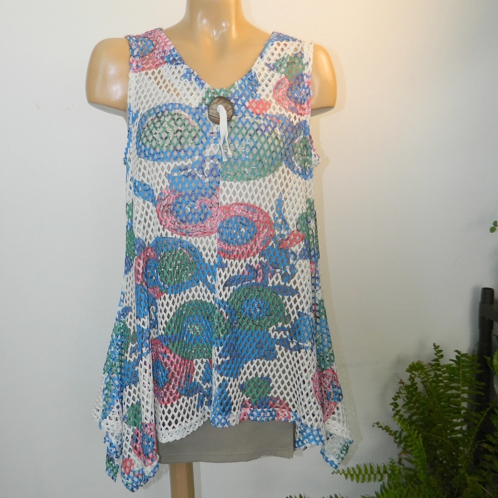 Mirror Image Tunic Women M White Blue Pink Floral Mesh Handkerchief Hem V-Neck
